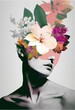 Leinwandbild Motiv Beautiful vertical grayscale illustration of a female body with flower stickers on the face