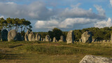 Fototapeta  - Miles long megalithic stones alignment on green meadow in Carnac, Brittany, France