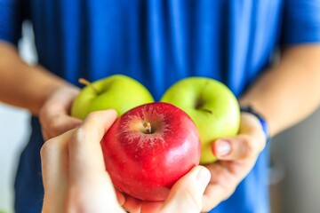 Poster - Person holding a red apple with green apples on the hands of other person in the background