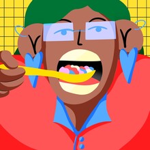 Green-haired Person With Blue Rectangular Glasses Eats Cereal From A Yellow Spoon