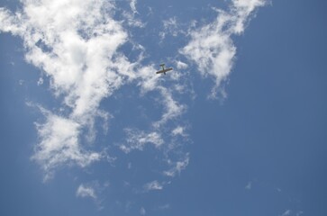 Wall Mural - Modern airplane flying in sky with clouds