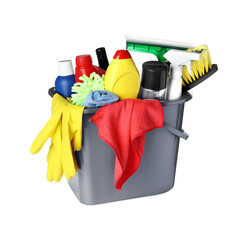 Wall Mural - Grey bucket and many different car wash products on white background