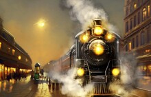 An Old Steam Locomotive Arrives At The Station In The Old City, Night City, Moon. Mysticism, Smoke, Old Street, Locomotive, Magic, View Of The City. Digital Watercolor Paintings Landscape