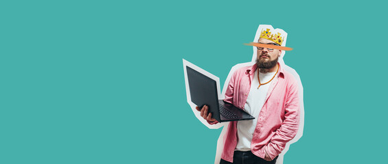 young crazy bearded charismatic man. shocked or surprised expression. laptop concept. funny promotio