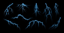 Lightning Effect. Night Thunderstorm Rays, Electric Power Charge And Thunder Strike Isolated Vector Set