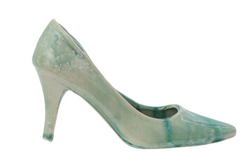 Old green ceramic shoe on transparent background.