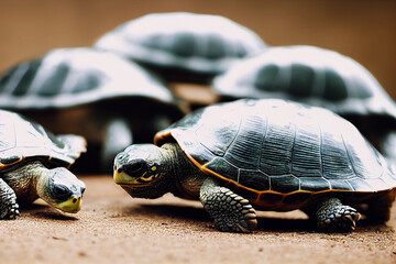 Wall Mural - several turtles are walking on the background of nature