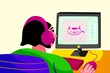Woman designer draws a kitten on her computer