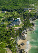 Aerial view of Mayan ruins and Tulum coast in Mexico. Panorama.