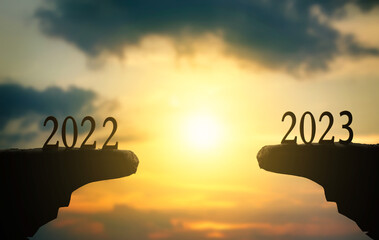 2023 new year concept: silhouette of 2023 with sky for preparation of welcome 2023 New Year party.