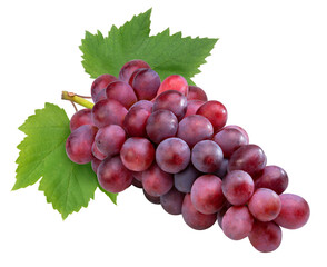 Wall Mural - Red grape with leaves  on white, Bunch of fresh red juicy grapes on white, With clipping path.