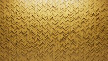 Semigloss, 3D Mosaic Tiles Arranged In The Shape Of A Wall. Herringbone, Yellow, Bricks Stacked To Create A Polished Block Background. 3D Render