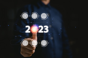 Aufkleber - 2023 is the new year for future business development, innovation, and creative ideas involving artificial intelligence (AI), digital technology, online data security, and business targets.