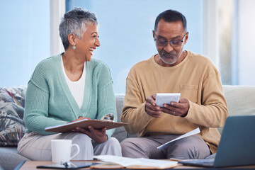 Budget, planning and senior couple on sofa paying debt, mortgage or bills together at home. Happy elderly man and woman with laptop, calculator and checklist to plan retirement, pension and savings.