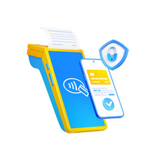 Wall Mural - 3d illustration of payment terminal, smartphone and blue security lock icon isolated on white backgr