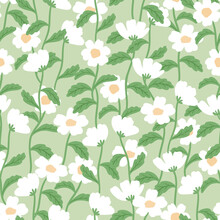 White Florals In Green Background Pattern, A Seamless Pattern For Fabric