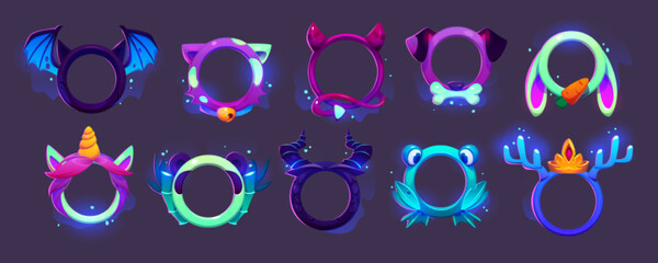 Wall Mural - neon game avatar frames, round gamers animals and fantasy characters borders. bat, cat, devil, unico