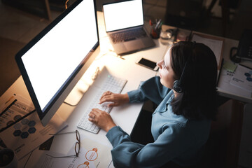 Wall Mural - Blank screen, computer and desk writing with mockup of a laptop monitor and woman coding. Working, planning and work web research of a business employee writing a job email or IT code mock up