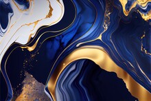  A Blue And Gold Abstract Painting With A Gold Swirl Design On It's Side And A Black Background.