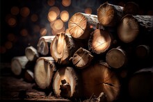  A Pile Of Logs Sitting On Top Of A Wooden Floor Next To A Pile Of Logs With Lights In The Background.