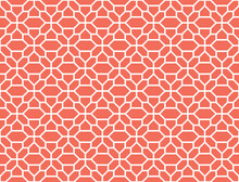 Abstract Geometry Pattern In Arabian Style. Seamless Vector Background. White And Pink Graphic Ornament. Simple Lattice Graphic Design