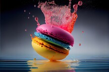  A Colorful Doughnut Falling Into The Water With A Splash Of Water On It's Side And A Splash Of Water On The Top.