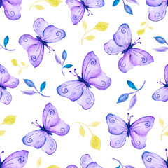 Wall Mural - watercolor magical purple butterflies seamless pattern