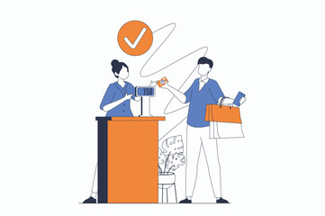 Aufkleber - Shopping concept with people scene in flat outline design. Man makes purchases with bargain prices and pays for goods at checkout in shop. Vector illustration with line character situation for web