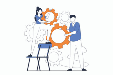 Aufkleber - Teamwork concept with people scene in flat outline design. Woman and man holding gears and set up workflow, partnership and cooperation. Vector illustration with line character situation for web