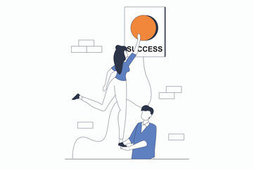 Aufkleber - Teamwork concept with people scene in flat outline design. Woman presses success button and man colleague supports her in business processes. Vector illustration with line character situation for web