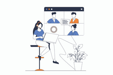 Poster - Video conference concept with people scene in flat outline design. Woman and man colleagues communicate online using video call at laptop. Vector illustration with line character situation for web