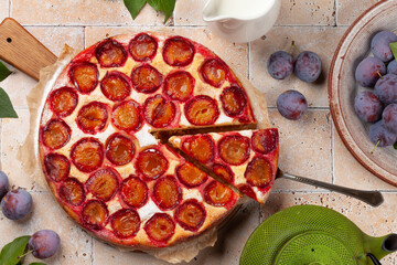 Wall Mural - Homemade plum pie. Fruit tart with seasonal fruits