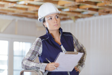 contemplative female builder inside a property