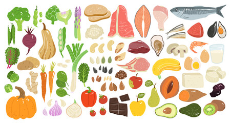 Collection of hand drawn food illustrations isolated on white background. Bundle of fresh delicious vegetables, fruits, dairy, fish and meat. wholesome healthy food.