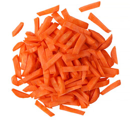 Wall Mural - Sliced raw carrots, stripes, heap, white background, top view