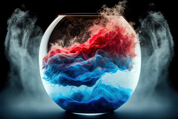 A glass bauble filled with a red and blue colourful liquid, sea in a glass.	
