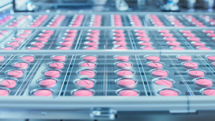 Macro Shot of Pink Pills During Production and Packing Process on Modern Pharmaceutical Factory. Medical Drug Manufacturing.