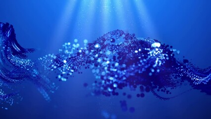 Wall Mural - abstract wavy particles with rays of sunlight shining deep underwater. fantasy seamless 3d video loo