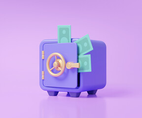 Banknotes dollar safe box icon with security, budget earn financial secret saving money concept. cartoon minimal style on purple pastel background. treasure, wealth. 3d render illustration