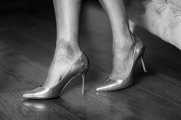 Wall Mural - Silver high heels, woman wearing silver shoes.