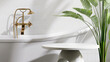 White round ceramic side table by bathtub, tropical banana tree in luxury design bathroom in dappled sunlight, leaf shadow on white tile wall for personal care, toiletries product display background