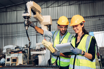 Team of Engineers is controlling robot arm machine welding steel, worker using forcing welding with a control screen which is used for precision welding control.