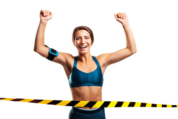 Wall Mural - Portrait of a girl runningthe finish line. Female runner isolated on white background