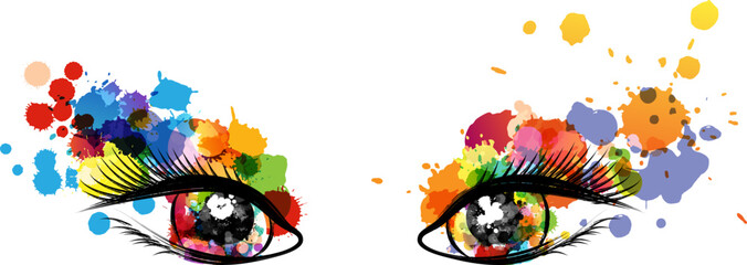 Wall Mural - beautiful colorful eyes with rainbow paint splash decorative elements. conceptual vector illustratio