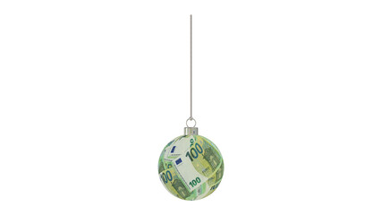 Wall Mural - money present christmas ball card filled with 100 euro notes hanging from top upright 3d rendering i