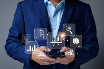 Wall Mural - business management concept. development and management executives looking virtual screens business 