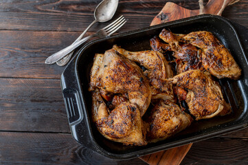 Wall Mural - Braised chicken legs in a roasting pan isolated on dark wooden background from above with eating utensil