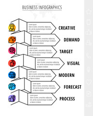 Vector ribbon infographics with 7 icons. Line graphic process template with seven steps. Graphic timeline for app, website, interface, levels, diagram, banner, presentations