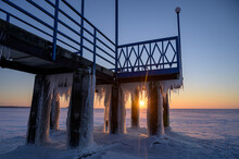 Pier On A Frozen River. Russia, Siberia, Novosibirsk.