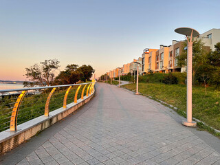 Poster - Vladivostok, Russia, September, 02, 2022. Vladivostok, the embankment in Patroclus (Patrokl)  Bay in September at dawn